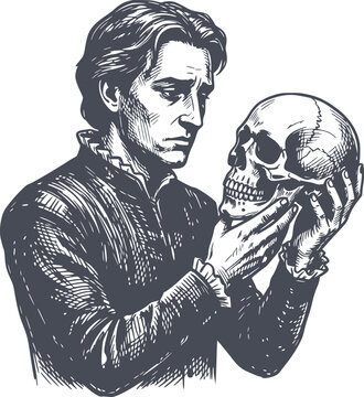 detailed navy blue illustration of hamlet holding yorick skull in engraving style with crosshatch shading and no white fills