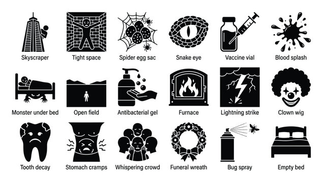 Set of phobia and fear icons for psychological topics and horror design.