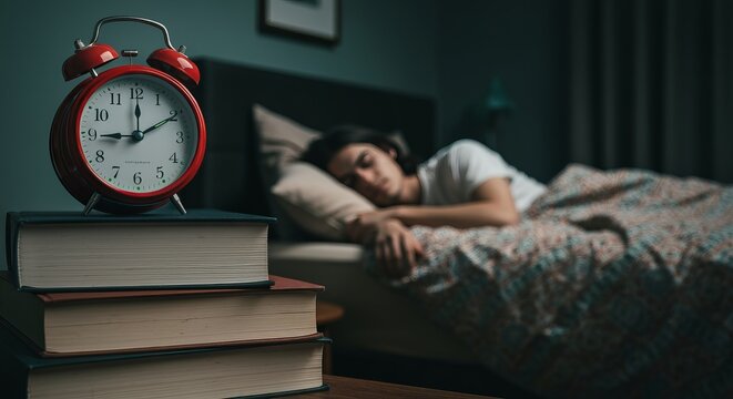 Close up of an alarm clock at 8 00 on books with a peaceful sleeper in a cozy dark bedroom