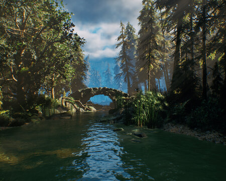 Old stone bridge over river in dense misty fir tree forest. 3D render.