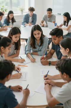 diverse group of students collaborating on a project in a modern classroom setting