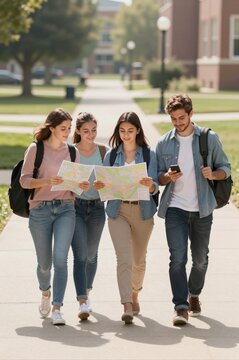 group of young adults exploring campus with maps and smartphone on a sunny day