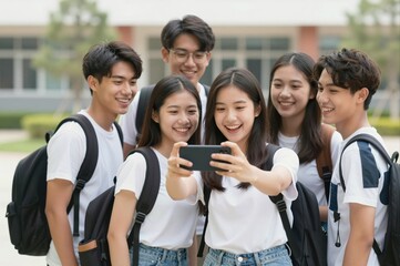 Fototapeta premium group of happy asian teenagers taking a selfie outdoors at school campus on a sunny day