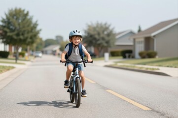Naklejka premium young boy riding bicycle with helmet on suburban street during sunny afternoon