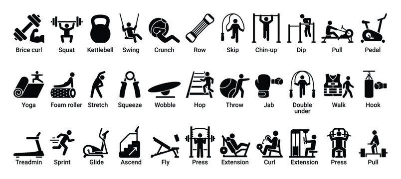 Set of workout and gym exercise icons for health and active lifestyle applications