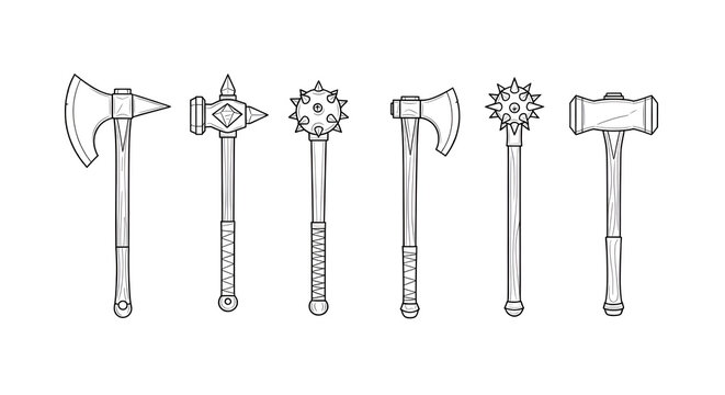 Set of Battle Axe, Warhammer, and Spiked Mace Line Art Illustrations