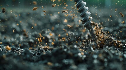 Naklejka premium Close up of a powerful auger drill bit excavating wet, muddy soil at a construction site