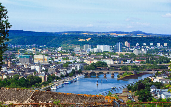 Aerial View from top of Hilltop Fortress in Kblenz looking over Rive rRhine and Koblenz Town
