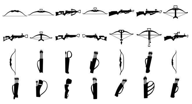 Silhouette Set of Traditional Bows, Crossbows, and Quivers on White Background