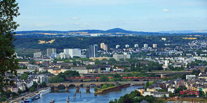 Aerial view from Ehrenbreitstein  fortress  on the hilltop in Koblenz overlooking the Rhine River and beyond.