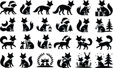 Fototapeta premium Set of fox silhouette icons for winter and christmas themed graphic design applications