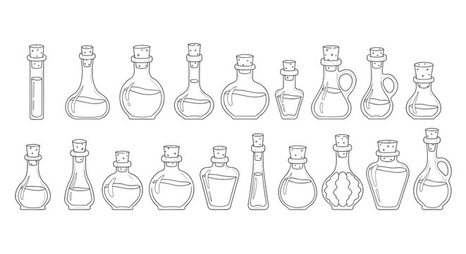 Thin Line Art Collection of Fantasy Magic Potion Bottles with Corks