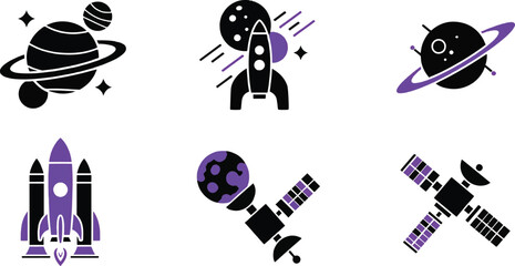 Saturn Ringed Planet Spaceship Launch Ringed Moon Space Shuttle Booster Satellite Orbit Space Station Vector Icon Set © rofikgraph24