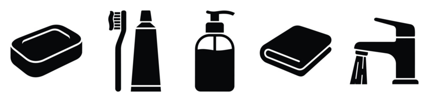 Set of bathroom hygiene essential icons for personal care product representation