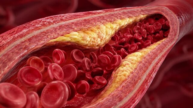 Blocked artery cholesterol plaque restricting red blood cells flow, dangerous atherosclerosis medical disease and cardiovascular heart risk concept, microscopic 3D animation. fat accumulation. vessels