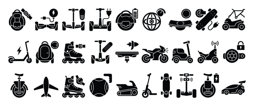 Set of electric personal mobility and urban transportation vector icons for modern digital apps.