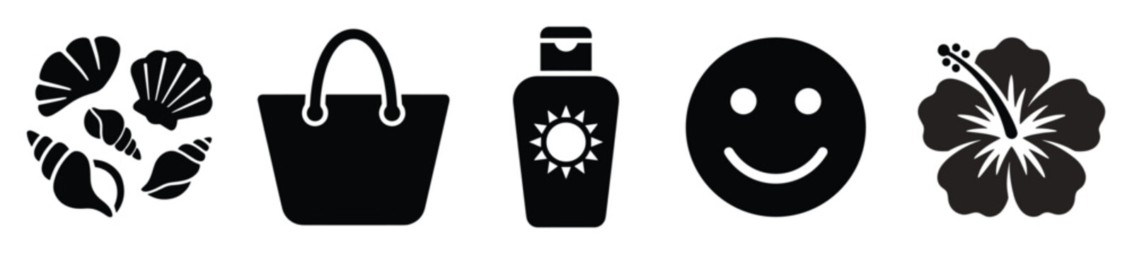 Set of summer icons showing seashells beach bag sunscreen smile and tropical flower