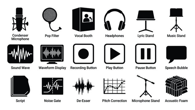 Set of audio recording production icons for sound engineering and music design