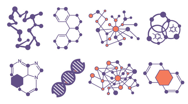 Set di icone vettoriali piatte raffiguranti strutture molecolari, formule chimiche, elica del DNA e reti di connessione astratte su sfondo bianco per progetti scientifici.