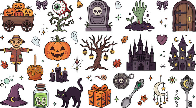 A collection of hand drawn halloween stickers featuring pumpkins haunted houses spooky trees black cats graves and magical potion bottles elements