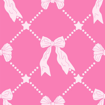 Pink bow pearl trellis seamless pattern. Cute girly coquette repeat background