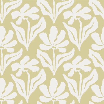 Seamless monochrome pattern with hand drawn abstract flowers. Artistic white brush strokes floral design in modern minimalist style