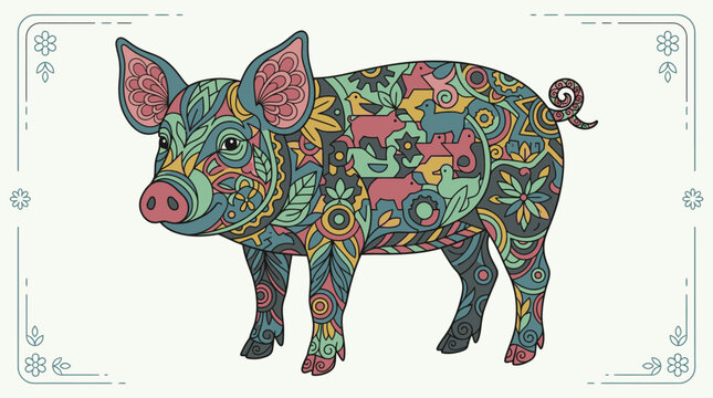 Ilustraci&oacute;n vectorial de un cerdo decorado con patrones ornamentales coloridos estilo mandala, dise&ntilde;o art&iacute;stico detallado sobre fondo claro para proyectos creativos y decorativos.