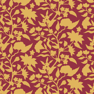 Chintz seamless pattern with hand drawn golden chinoiserie flowers and leaves on burgundy background. Floral wallpaper with monochrome orintal folk style jacobean