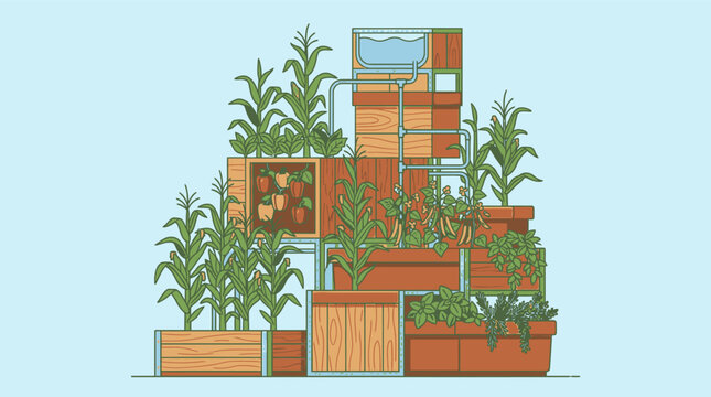 Ilustraci&oacute;n vectorial de un sistema de agricultura vertical con plantas de ma&iacute;z y hortalizas en cajas de madera con riego automatizado sobre un fondo azul claro para dise&ntilde;o sostenible.