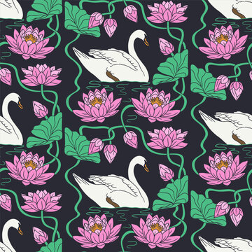 Vintage seamless pattern with art deco style hand drawn white swan and pink water lily flowers
