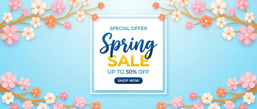 Spring sale promotional banner with delicate cherry blossom branches on blue