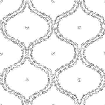 Seamless pattern with black linear floral ogee geometrical motifs on a white background