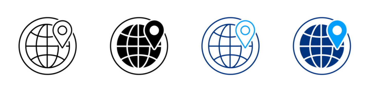 Global location icon. World map pin symbol. Simple pictogram for international address, GPS navigation, travel and worldwide place search vector.