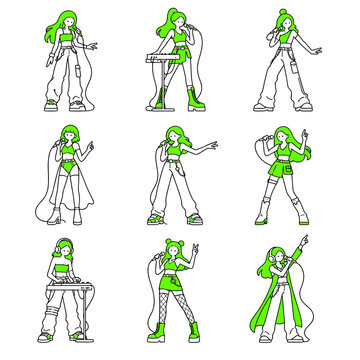Vector isolated illustrations set of women performing in neon green  