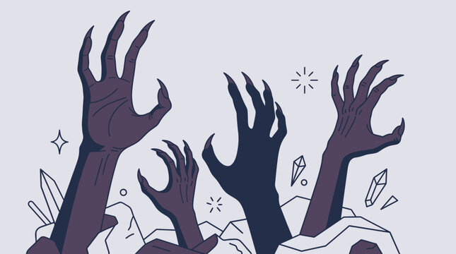 Illustrazione vettoriale di mani di zombie o mostri che emergono dal terreno roccioso, con stile grafico piatto e toni scuri, perfetta per temi horror, Halloween o design fantasy.