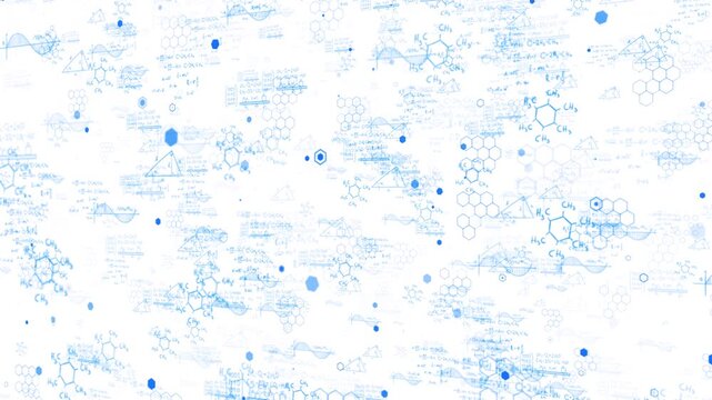 Scientific equations education visual light blue chemistry sketches, physics formulas, hexagon diagrams, white academic space. for classroom videos, research explainers, STEM intros, motion graphics.
