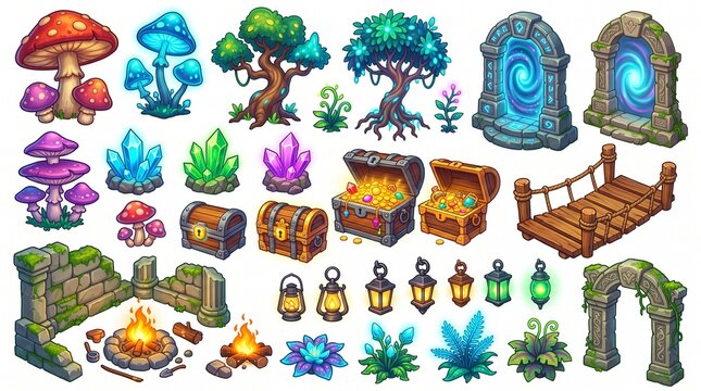 Isometric vector game assets set, fantasy RPG elements, magical mushrooms, crystals, treasure chests, campfire ruins, stone arches, game design resources