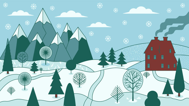 Ilustraci&oacute;n vectorial de un paisaje invernal con monta&ntilde;as nevadas, una caba&ntilde;a acogedora con chimenea humeante, &aacute;rboles de pino y copos de nieve cayendo en un dise&ntilde;o plano y minimalista.