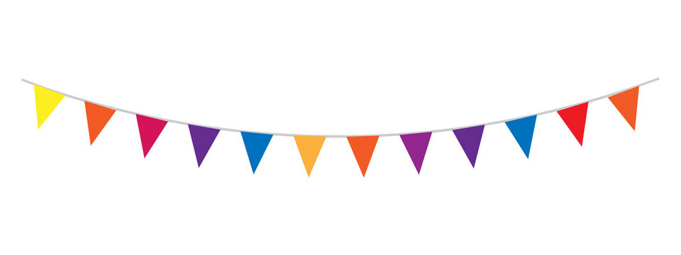 Colorful triangular bunting flags hanging on a string for party celebration and festival decoration