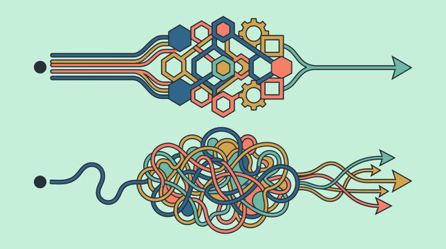 Illustrazione concettuale che mostra il contrasto tra un processo lineare organizzato con forme geometriche e un percorso caotico e aggrovigliato che si dirama in molte direzioni diverse.