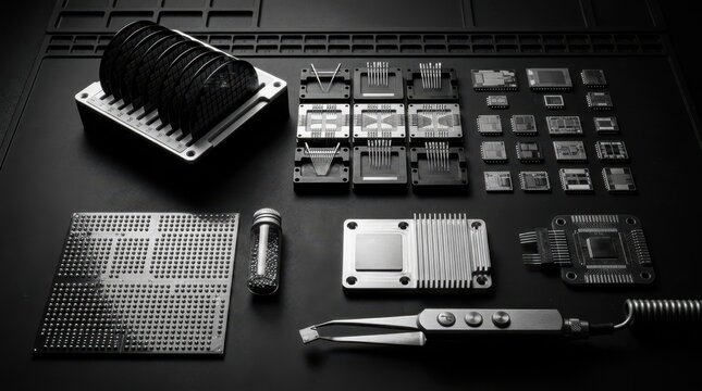 Advanced semiconductor packaging tools and chiplet components on an antistatic mat with wafer cassette, microprobes, solder bumps, and precision tweezers