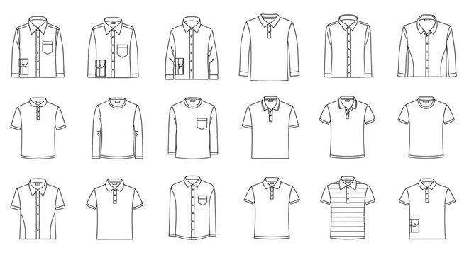 Men's Shirt Collection Line Art Vector Grid with Dress Shirts T-Shirts and Polos