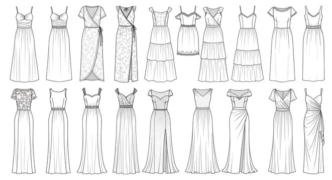 Fashion Technical Sketch Set of Women's Summer and Evening Dresses Line Art Collection