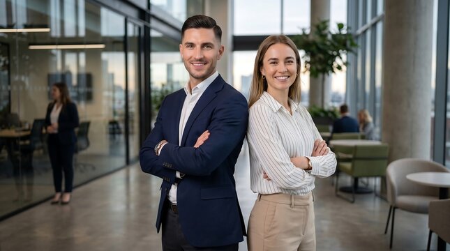 Confident business partners smiling in modern office. Professional duo posing for corporate success and teamwork collaboration.