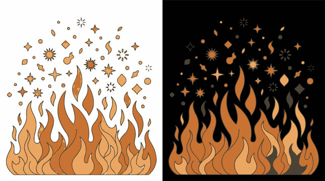 Ilustraci&oacute;n vectorial de llamas de fuego estilizadas con chispas y estrellas decorativas sobre fondos contrastantes blanco y negro para dise&ntilde;o gr&aacute;fico creativo.