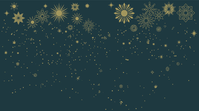 Sfondo festivo elegante con fiocchi di neve dorati e stelle scintillanti su un profondo blu petrolio, perfetto per biglietti di auguri natalizi e design invernali raffinati.