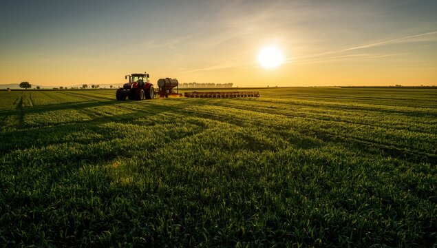 Red tractor pulling agricultural equipment through a sprawling green field under a bright golden sunset sky landscape