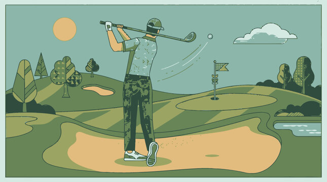 Hombre jugando al golf en un campo verde con un sol brillante y un cielo azul claro, capturando el momento del swing.