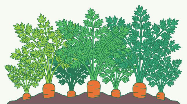Ilustraci&oacute;n vectorial de una fila de zanahorias frescas con hojas verdes vibrantes creciendo en la tierra, dise&ntilde;o plano ideal para temas de agricultura, jardiner&iacute;a y alimentaci&oacute;n saludable.