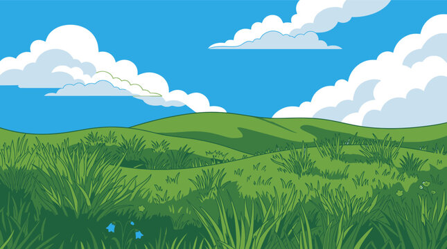 Illustrazione vettoriale di un paesaggio naturale con colline verdi ondulate, erba rigogliosa e un cielo azzurro luminoso con soffici nuvole bianche in stile cartone animato.